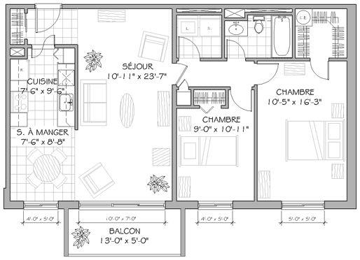 Plan appartement 4½ 830 pieds carrés type b'